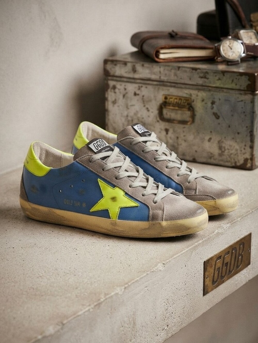 Golden Goose Superstar Rare Fluo Neon Blue Leather & Yellow Star Sneakers 40